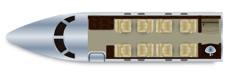 Interior layout of an airplane cabin showing six rows of seats and a small galley or storage area at the back.