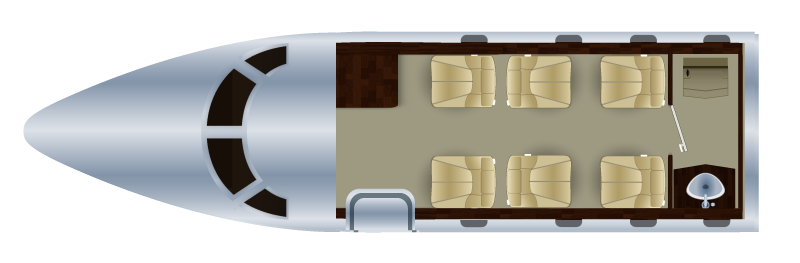Top-down view of an airplane interior with six beige seats, a small lamp, and a door at the front.