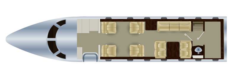 Floor plan of an airplane interior with seats, a lounge area, and a bathroom.