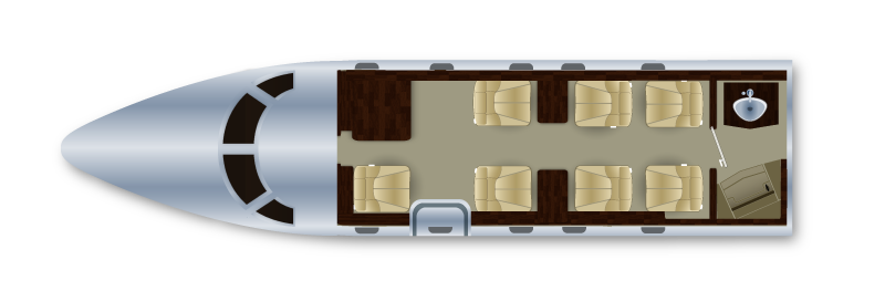 Top-down view of an airplane interior with seats, a sink, and landing gear visible.