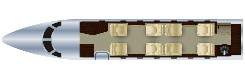 Illustration of the interior layout of a commercial airplane, showing seats arranged in a 4-4 configuration with an emergency exit and a galley at the rear.