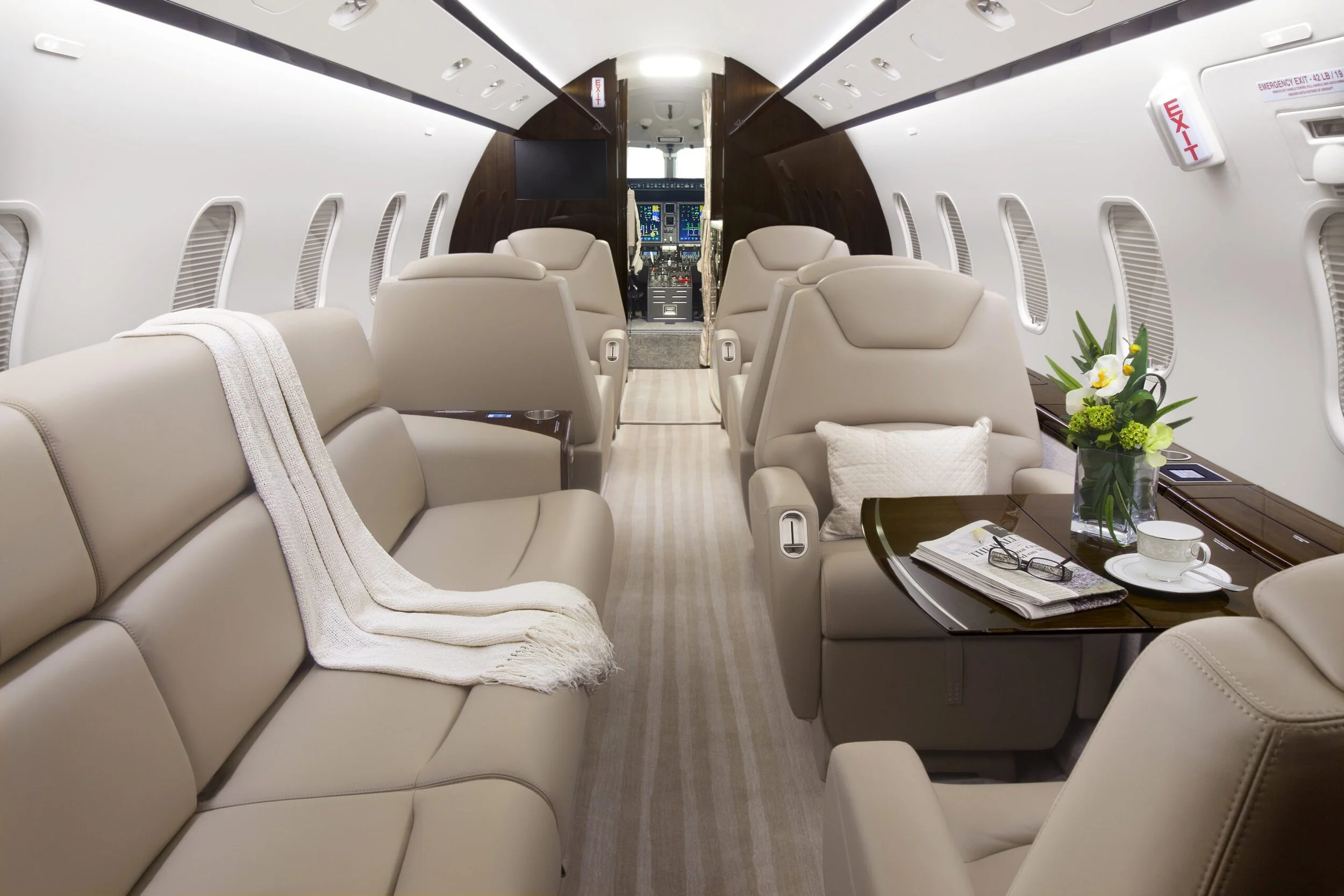 Inside a private jet cockpit and cabin with beige leather seats, a side table with a flower arrangement, books, glasses, and a teacup, with the cockpit visible at the front.