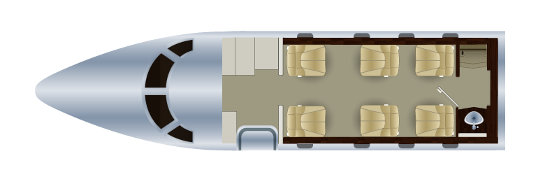 Top-down view of an airplane cabin with six beige seats, a small table, and a reading lamp.