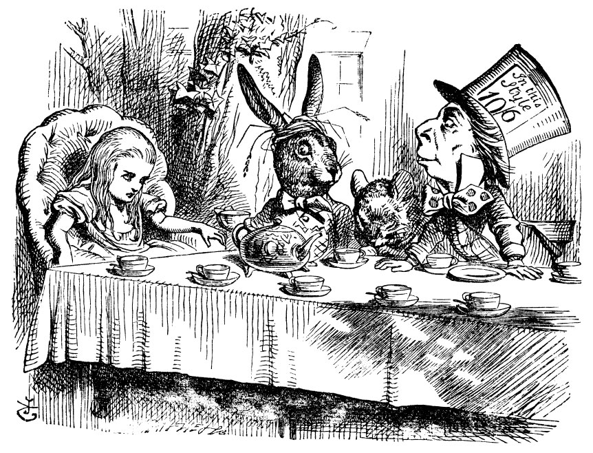 John Tenniel's illustration of Alice at the chaotic Mad Tea-Party, sitting with the March Hare, Dormouse, and Mad Hatter. Used as a humorous contrast to a horse's invitation to a peaceful, sane tea party.