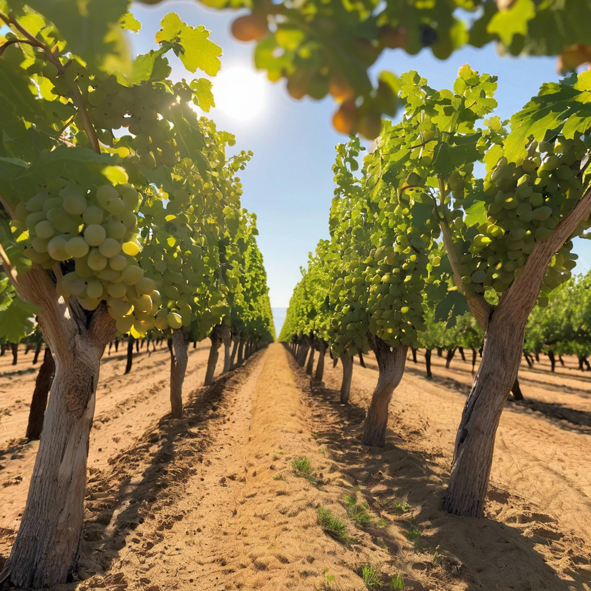 Sunny vineyard with rows of grapevines, heavy with green grapes. Bright sunlight filters through leaves, casting dappled shadows on the sandy path.