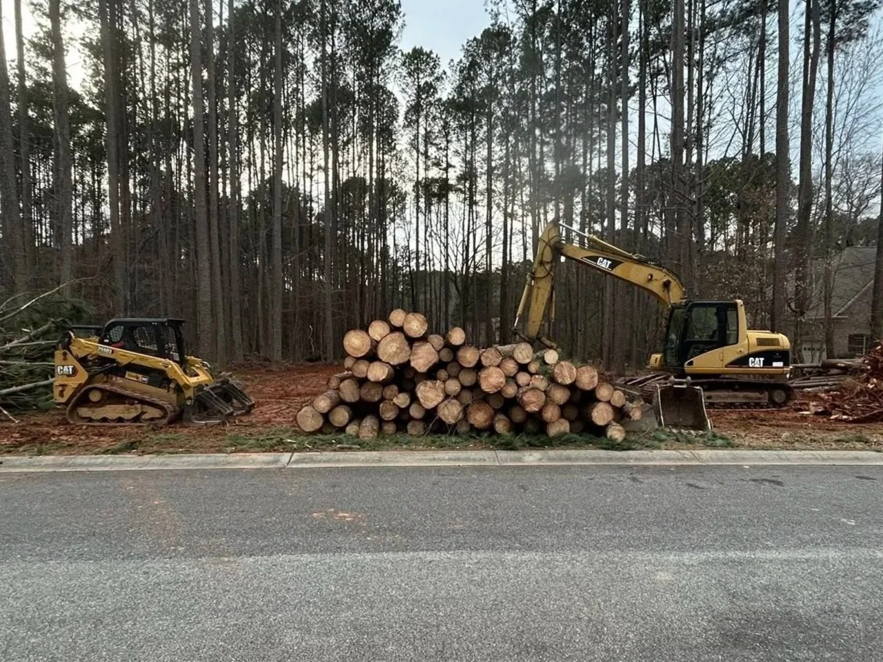 Excavator and skid steer clearing a wooded lot with cut logs stacked