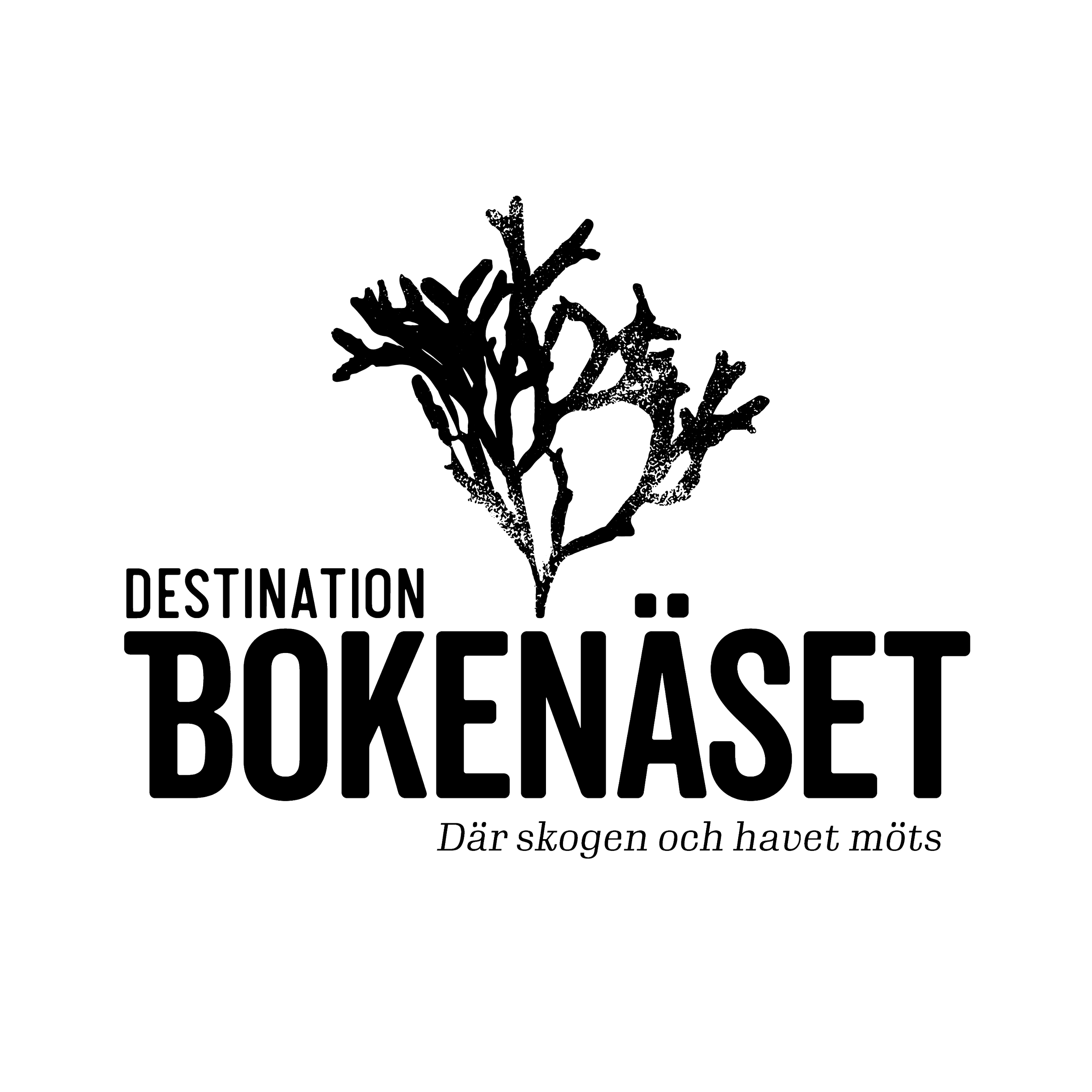 Logotyp för Destination Bokenäs med en illustration av en sjögräsblomma, svart färg och texten 'Där skogen och havet möts'