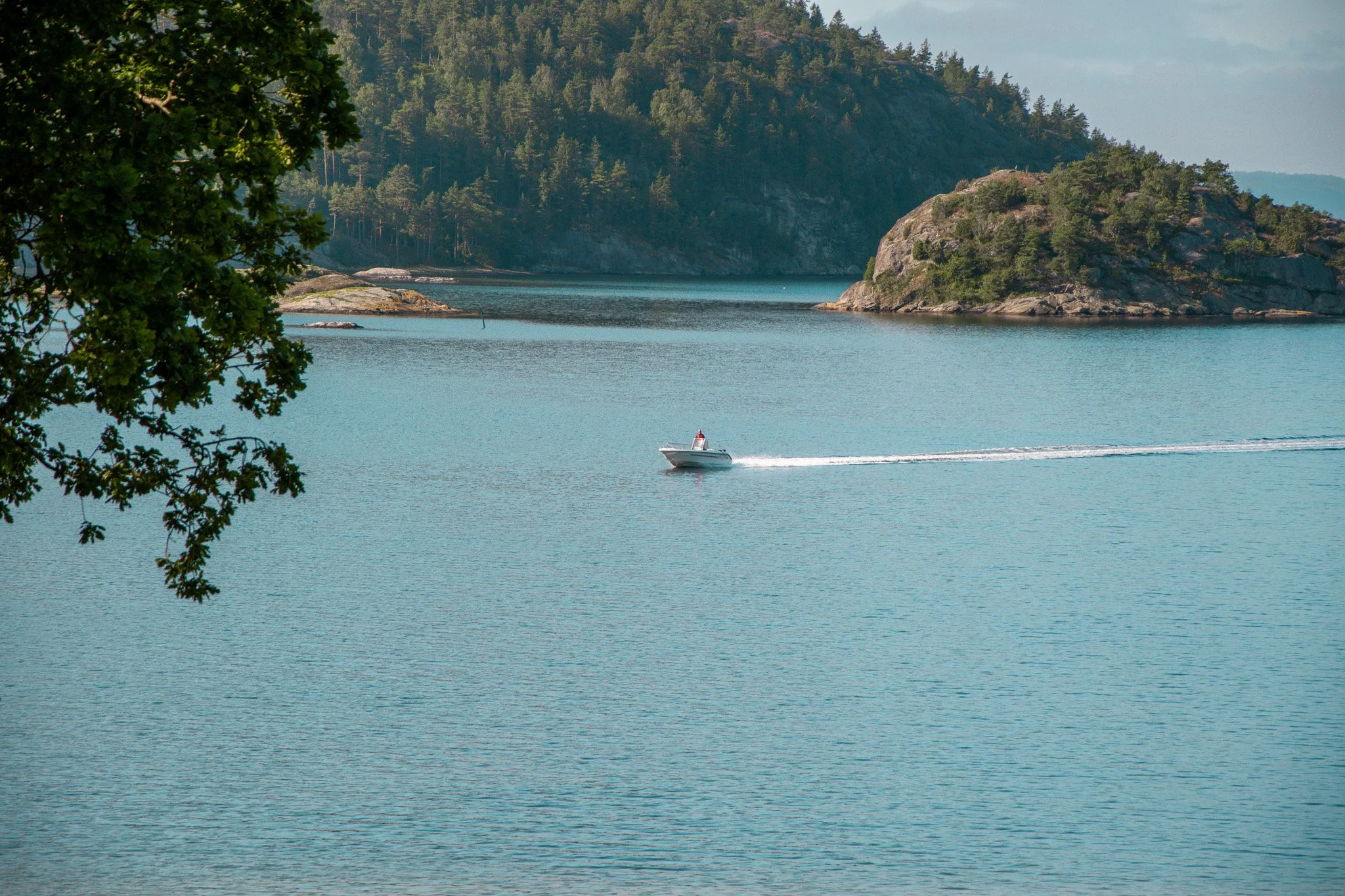 En motorbåt som åker på ett lugnt vatten i en fjord med skogbeklädda öar och klippor i bakgrunden.