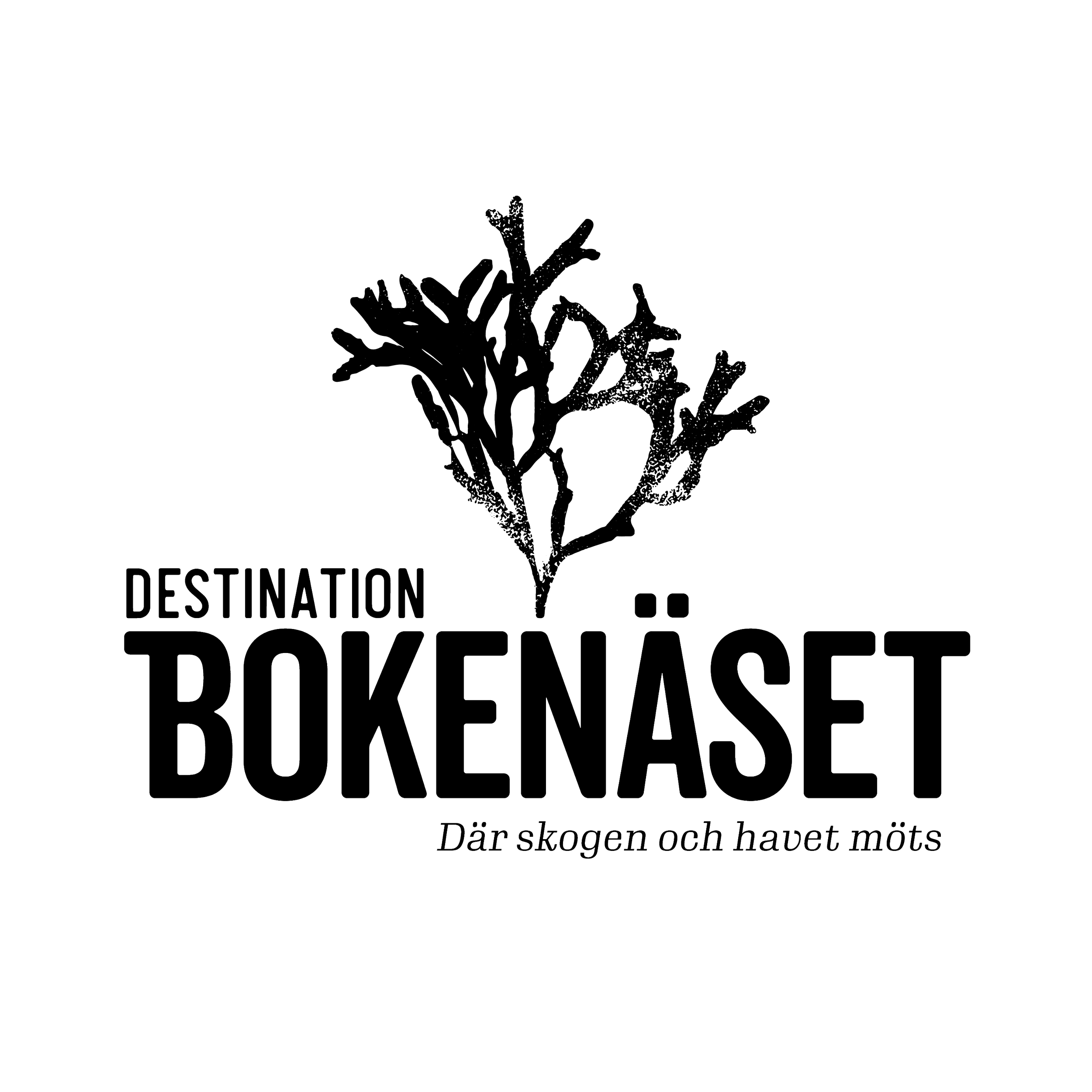 Logotyp för destination Bokenäset med texten 'Där skogen och havet möts' och en illustration av ett stiliserat träd eller buske.