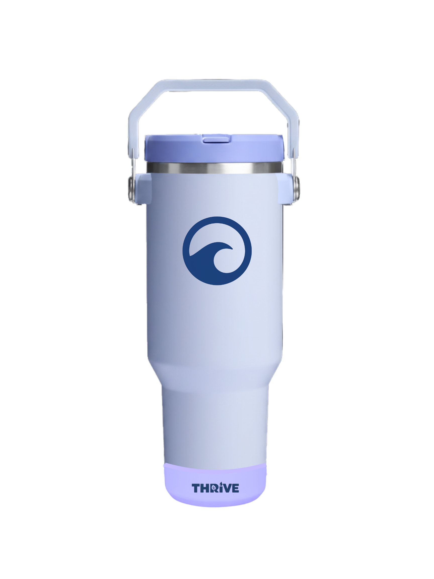 A white insulated tumbler with a blue logo of a wave in the center and the word 'THRIVE' near the bottom.