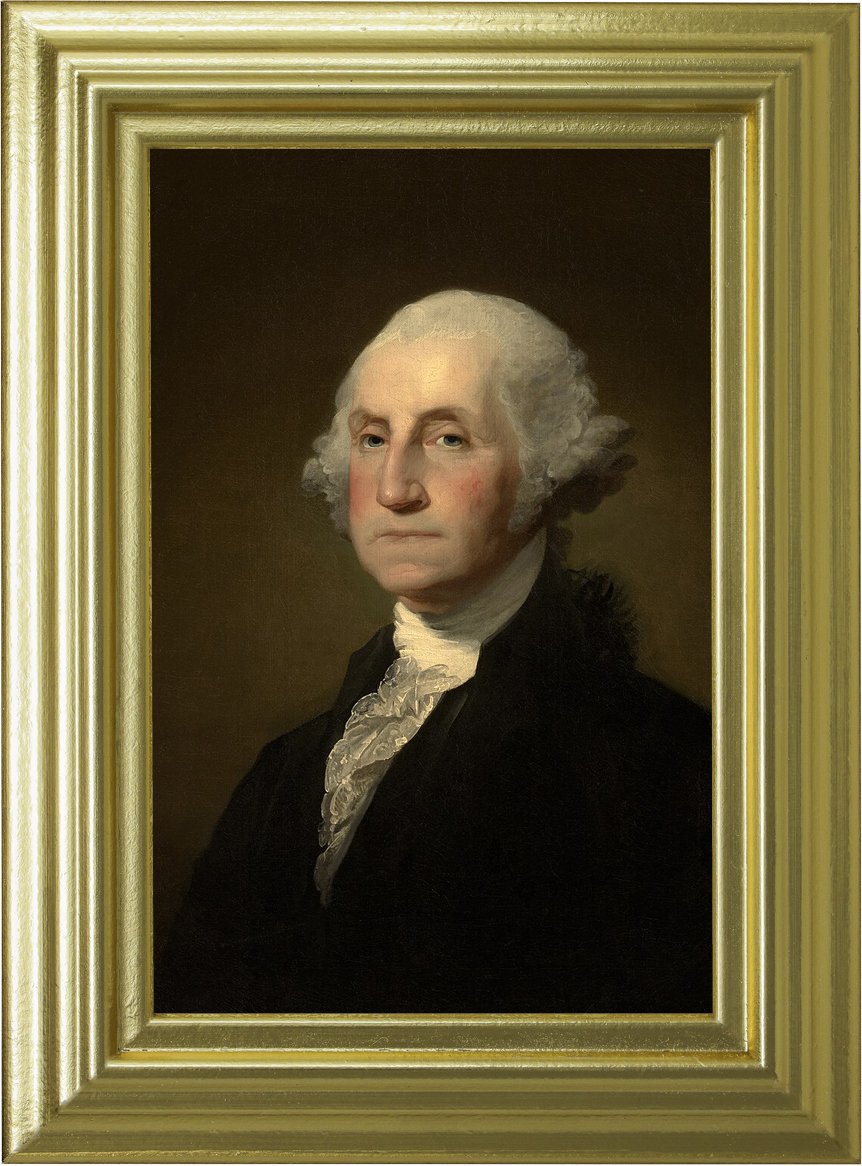A classical portrait painting of George Washington, the first President of the United States, with a serious expression, wearing historical attire, framed in an ornate gold frame.