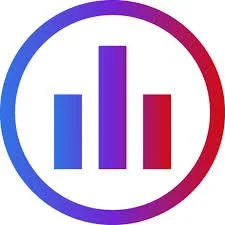 A circular logo with three vertical bars inside, resembling a bar chart, with the bars colored in blue, purple, and red from left to right.