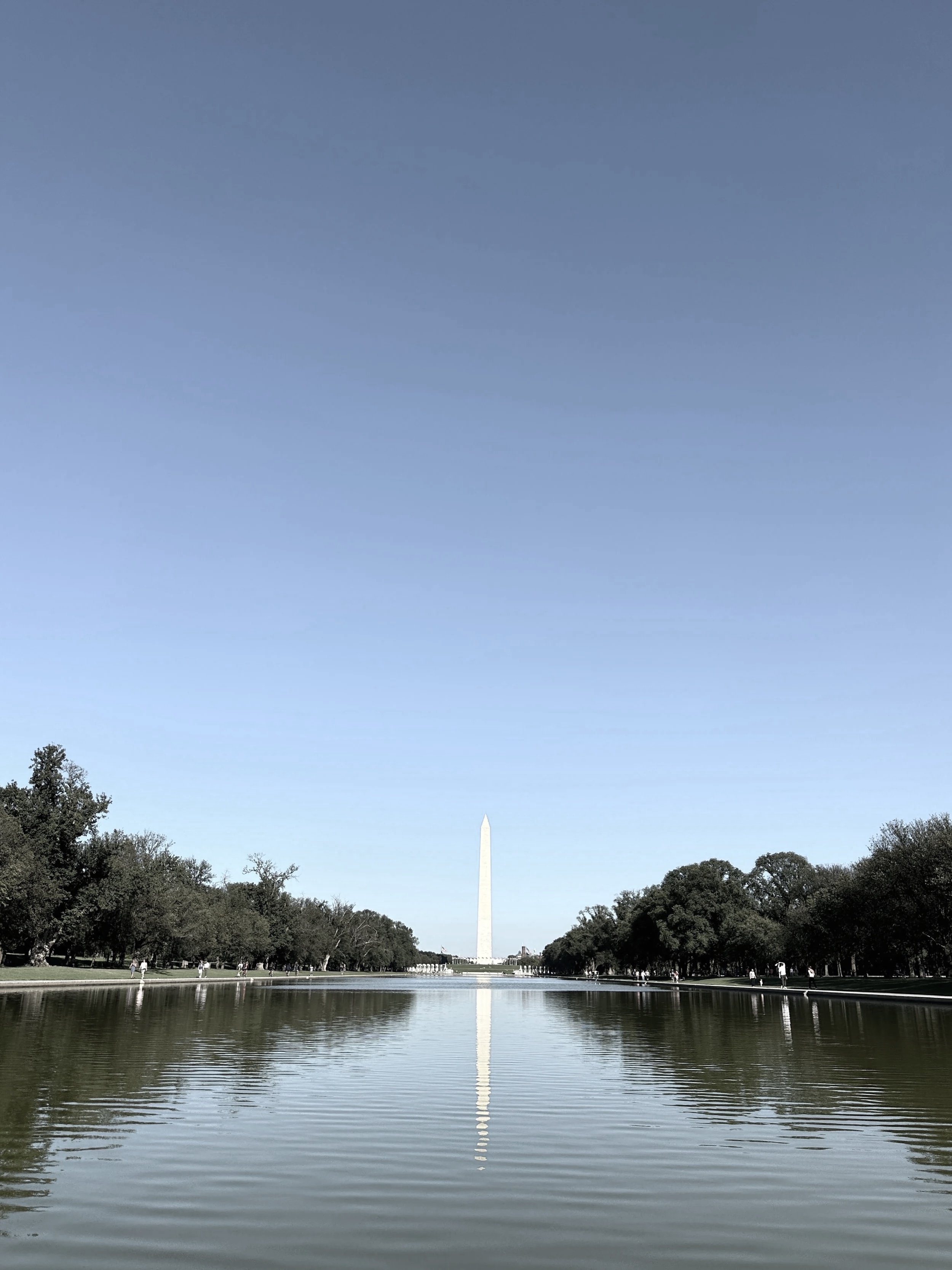 View of the Washington Monument seen from the Reflecting Pool and the Lincoln Memorial in Washington, D.C., with trees on either side and a clear sky overhead.