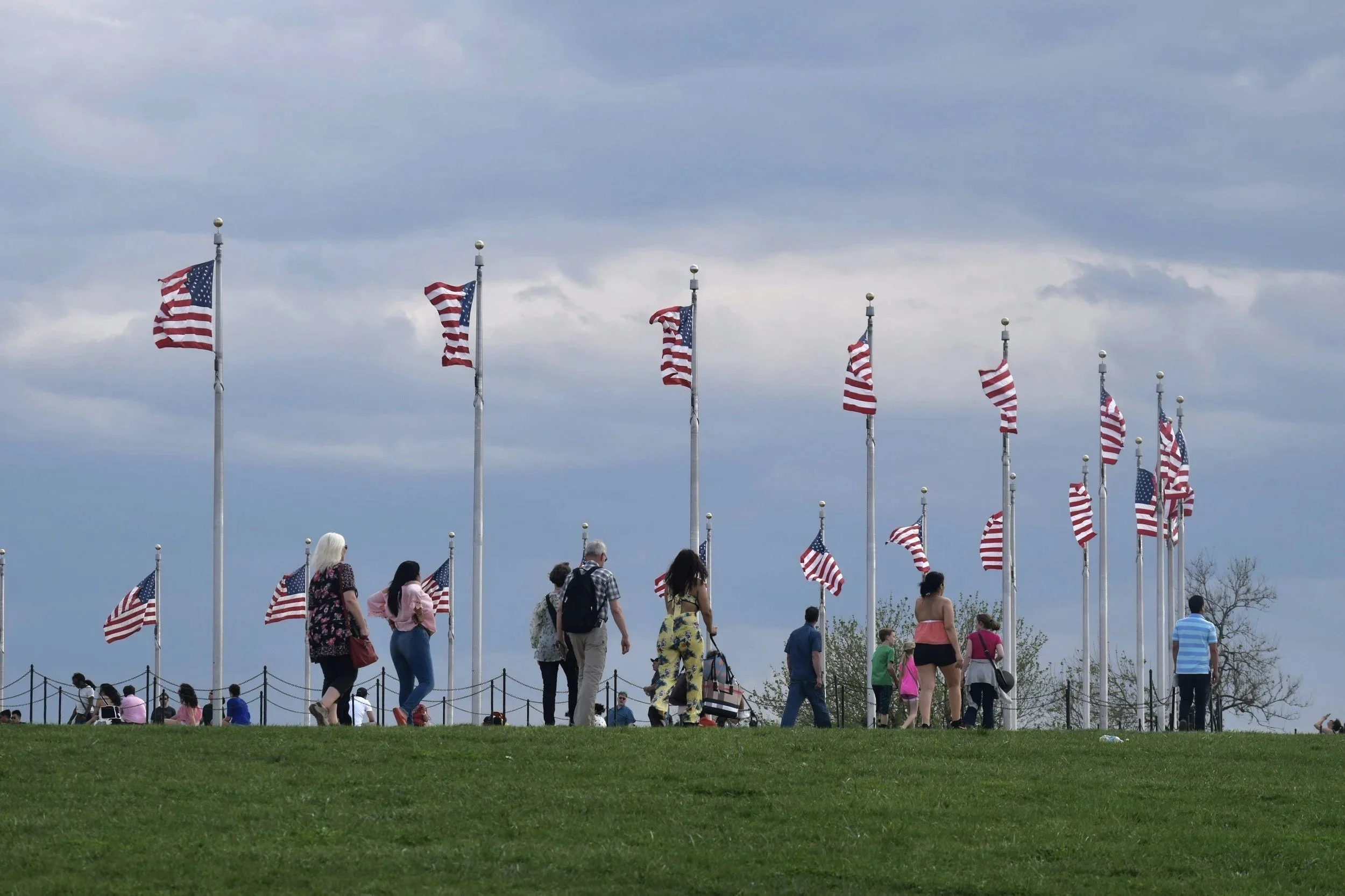 Group of people walking on a grassy area with American flags on tall flagpoles under gray cloudy sky.