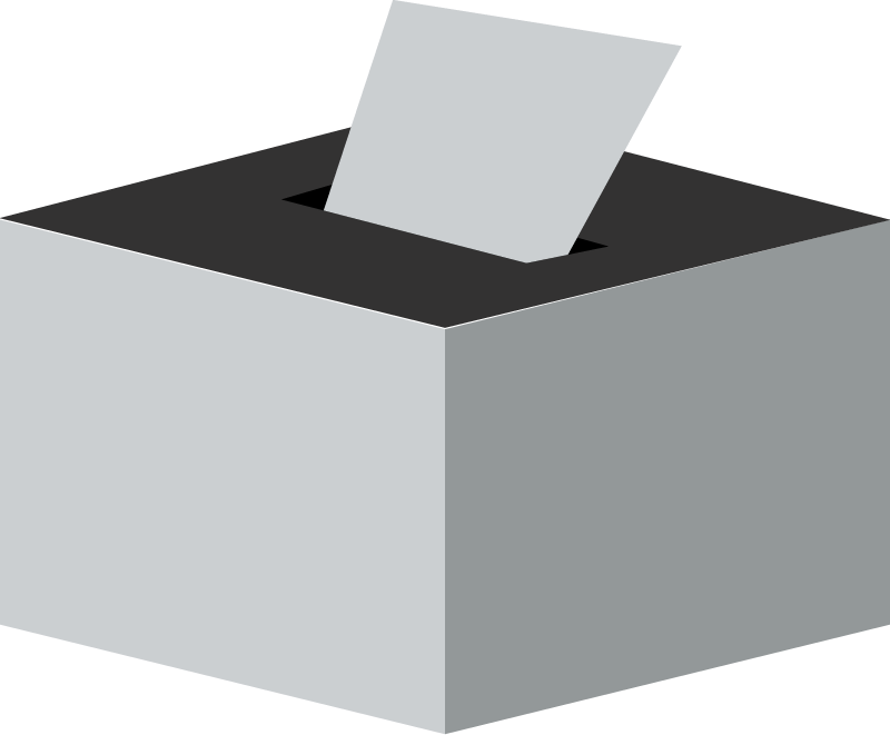 A gray ballot box with a voting ballot partially sticking out.