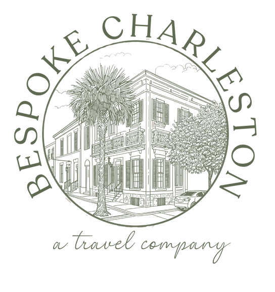 Logo for BepoKe Charleston, a travel company. The logo features an illustration of a historic building with trees and a palm tree in front, encased in a circle with the company name around it.