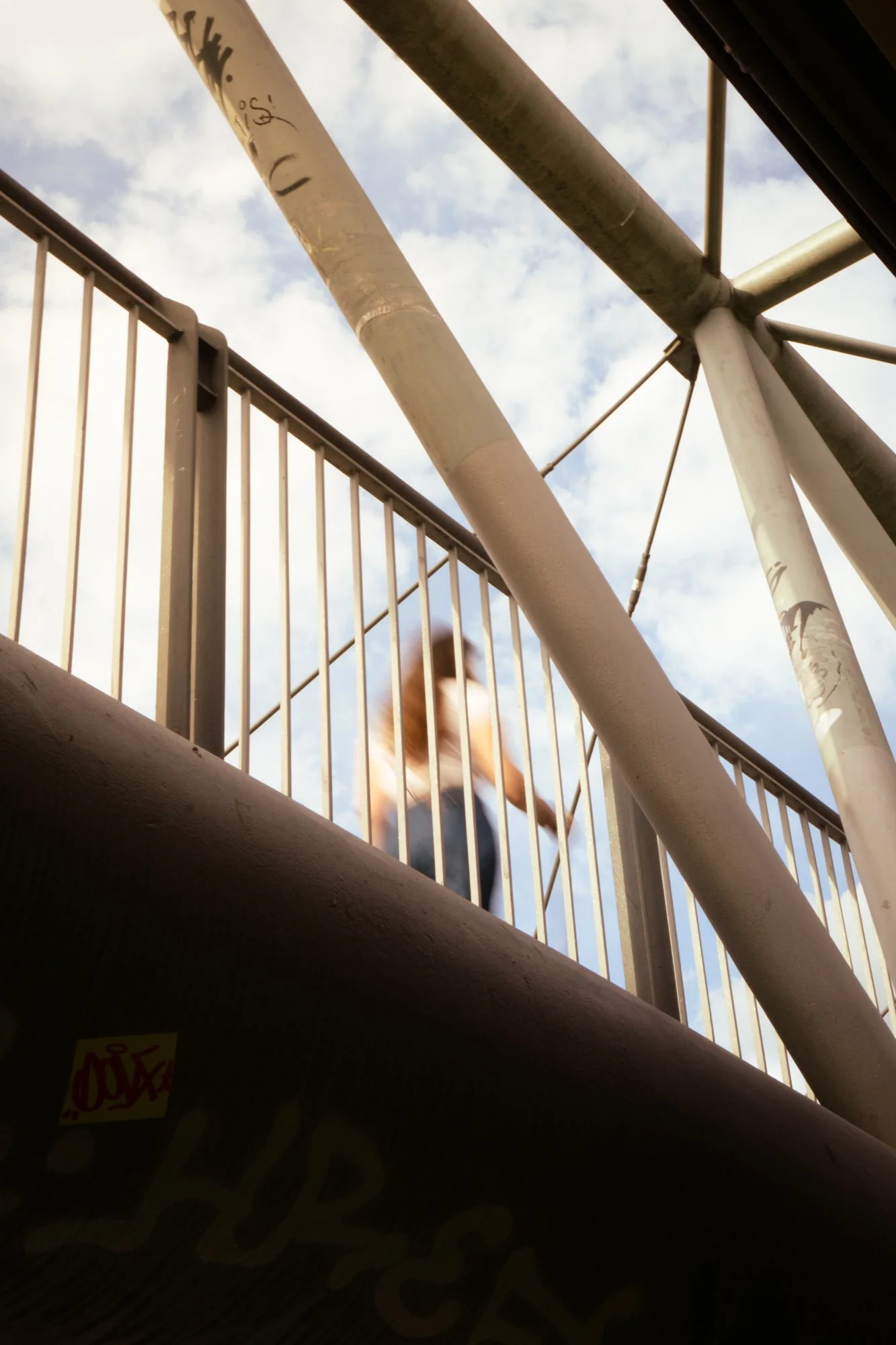 Photo taken from below of a white pet cage or enclosure with a metal railing on top, showing a blurry dog in motion against a partly cloudy sky.