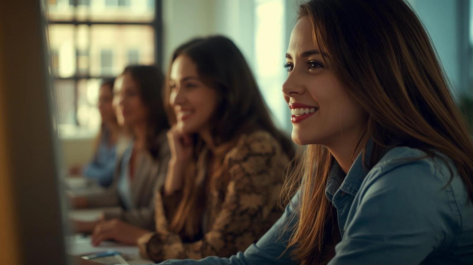 Un groupe de femmes assises en ligne, souriant et attentive, dans une salle bien éclairée.