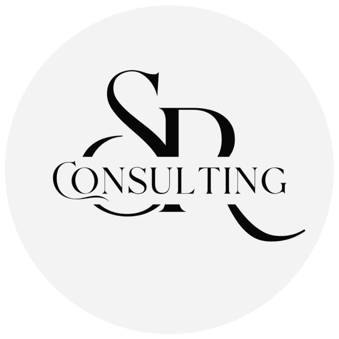 Logo noir et blanc avec les mots "Consulting" et des lettres stylisées 'S' et 'C' en arrière-plan.
