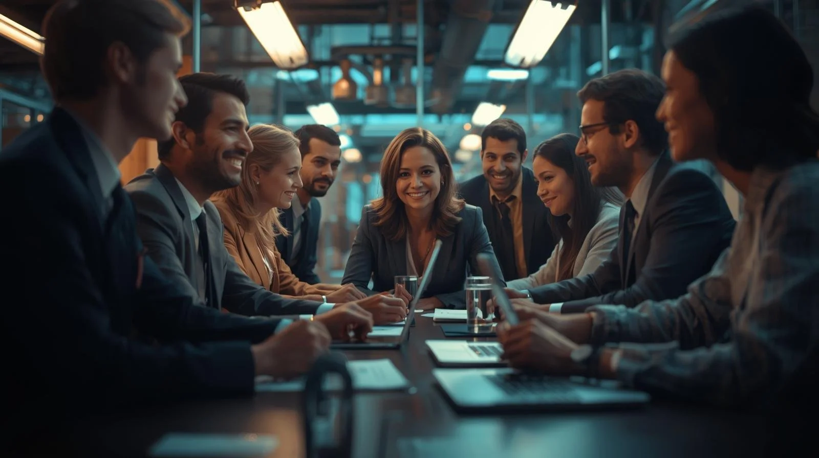 Groupe de professionnels lors d'une réunion dans une salle en intérieur, souriant et utilisant des ordinateurs portables.