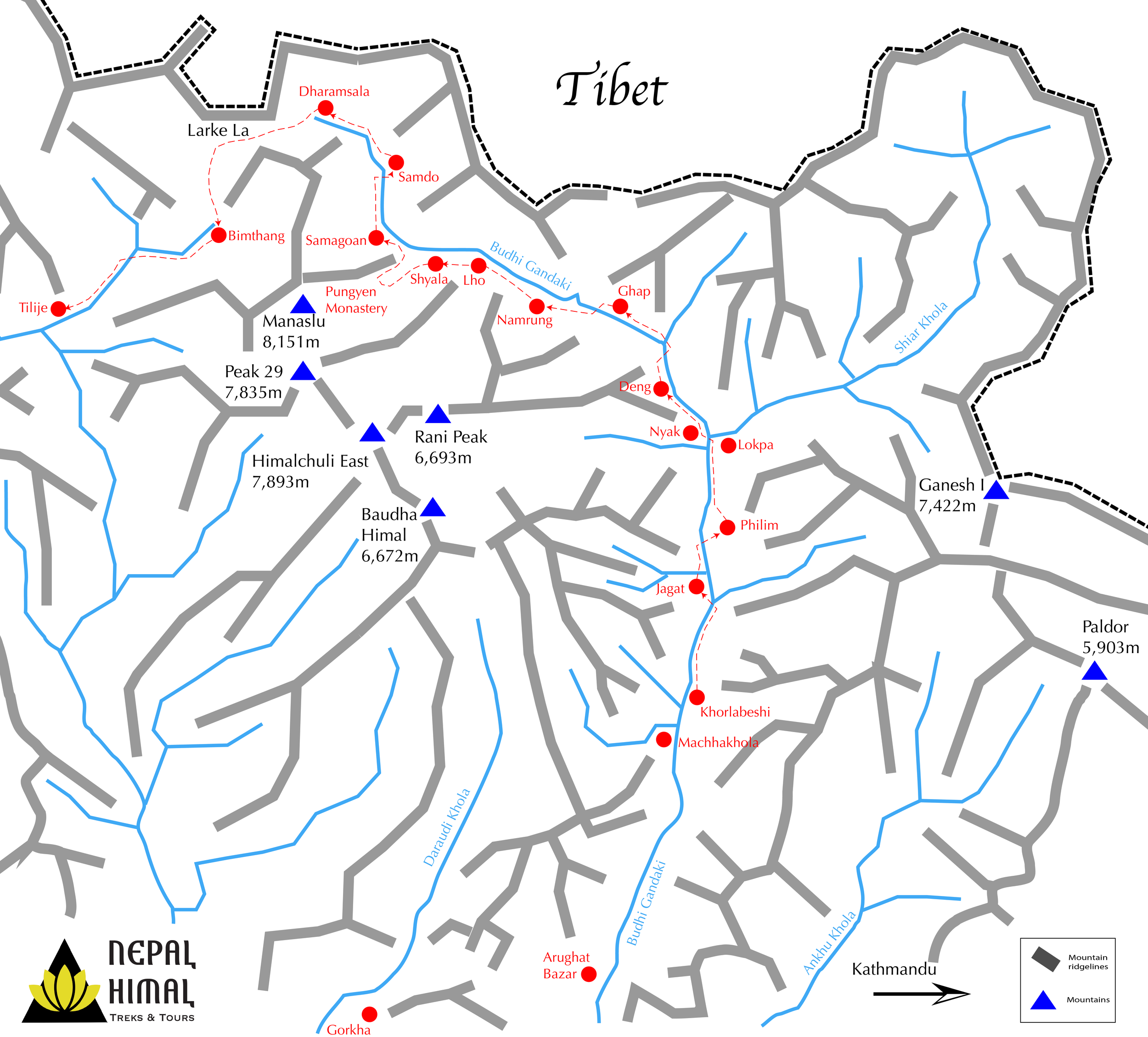 Trekking map of the Manaslu Circuit in Nepal