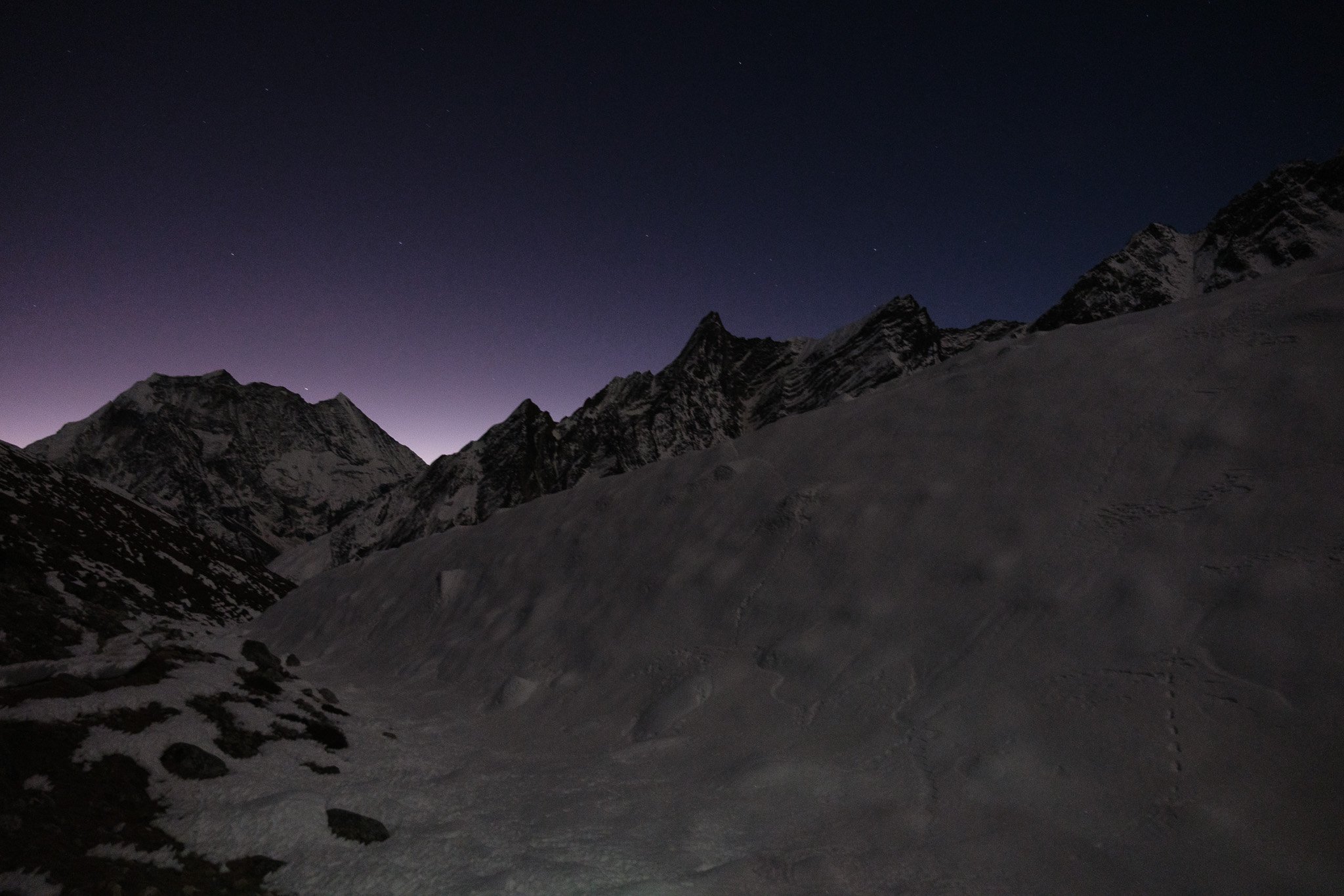 Walking next to the Larkya Glacier on the way up to the Larke La pass on the Manaslu Circuit in Nepal