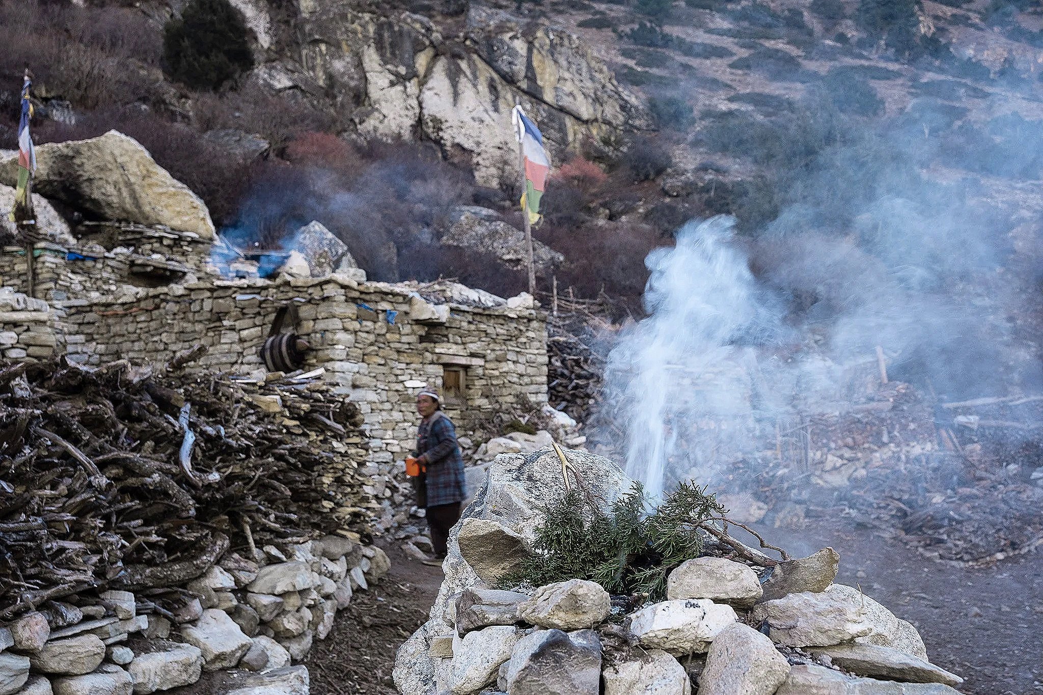 Juniper being burned as part of a morning ritual in the region of Nar Phu in Nepal