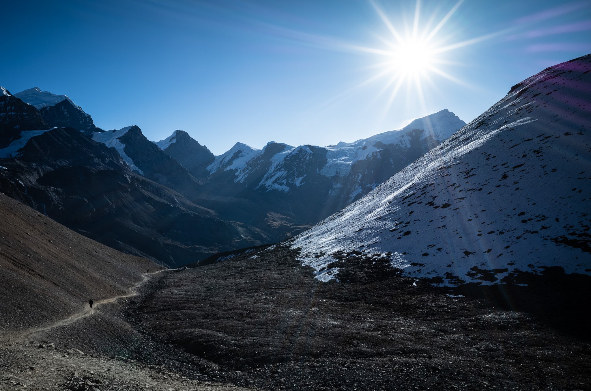 Climbing from Thorong Phedi to Thorong La pass in the morning