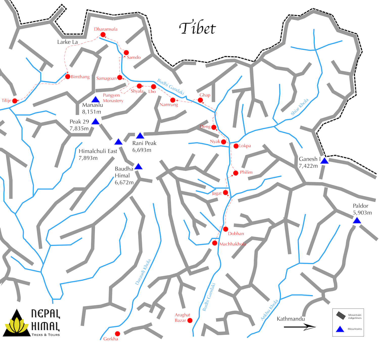 Trekking map of the Manaslu Circuit in Nepal