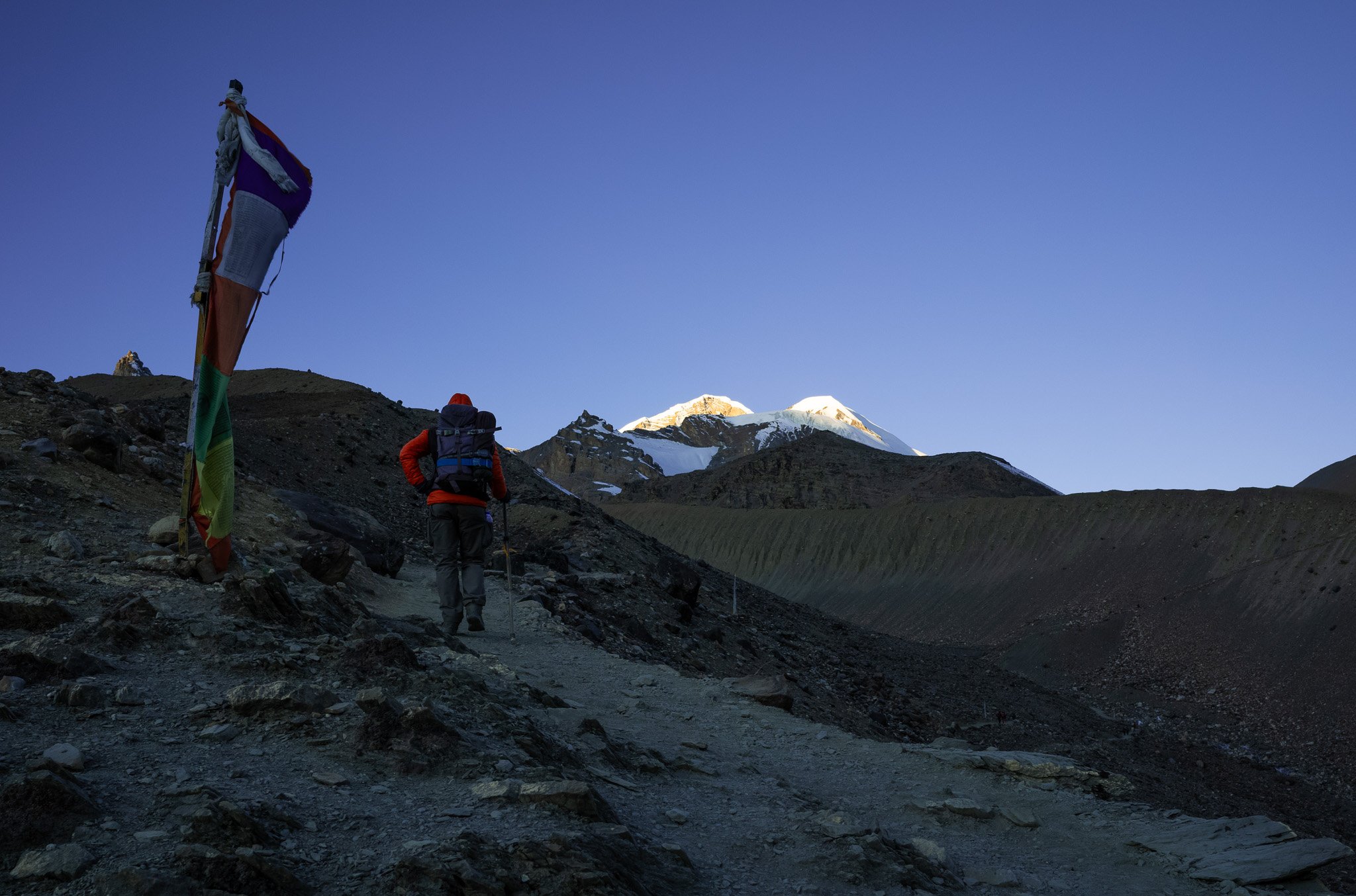 Hikers start ascending towards the Thorong La pass in the small hours of the morning