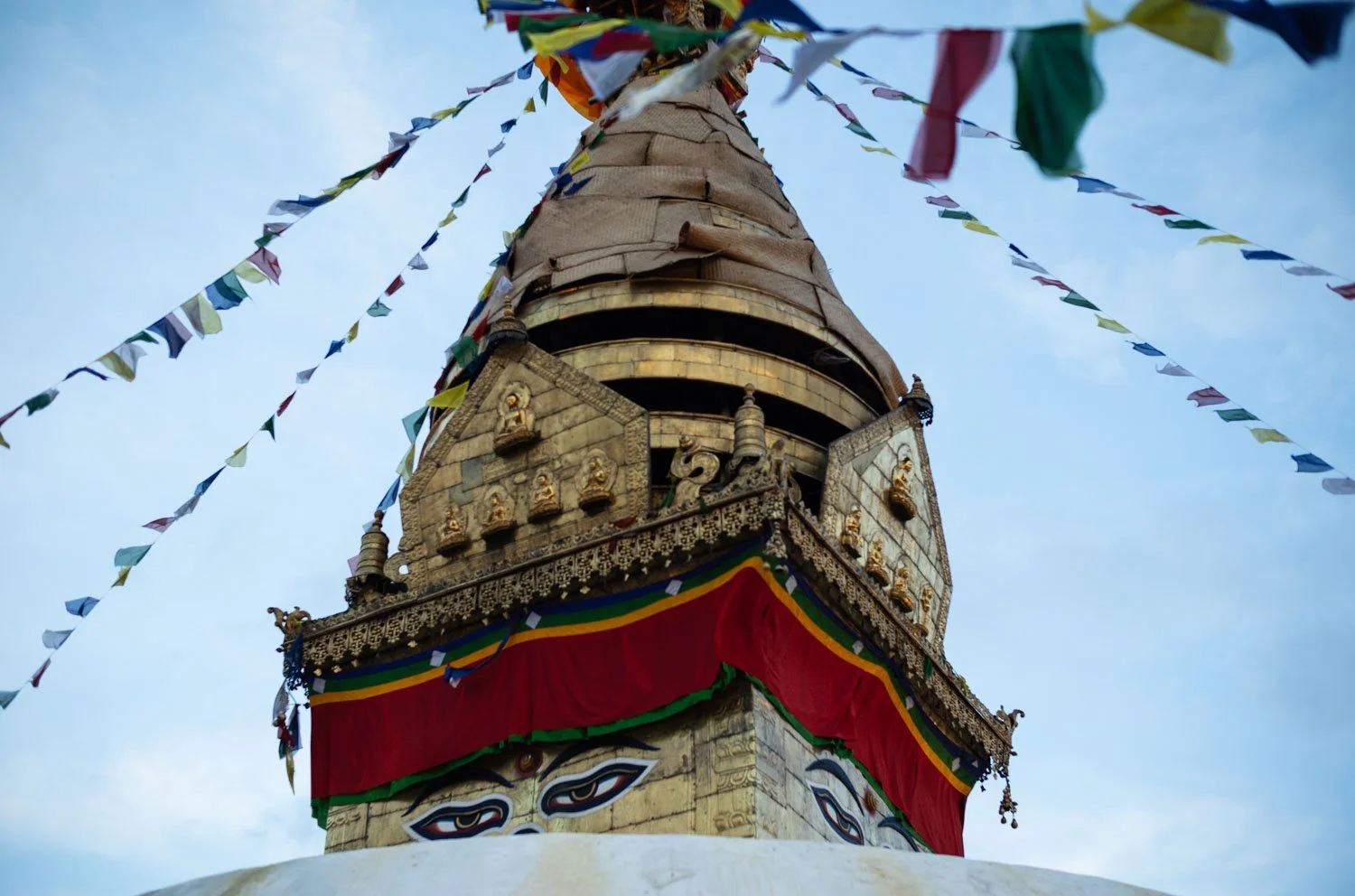 The eyes of Buddha on the central spire of the Swayambhunath stupa at the Monkey Template in Kathmandu