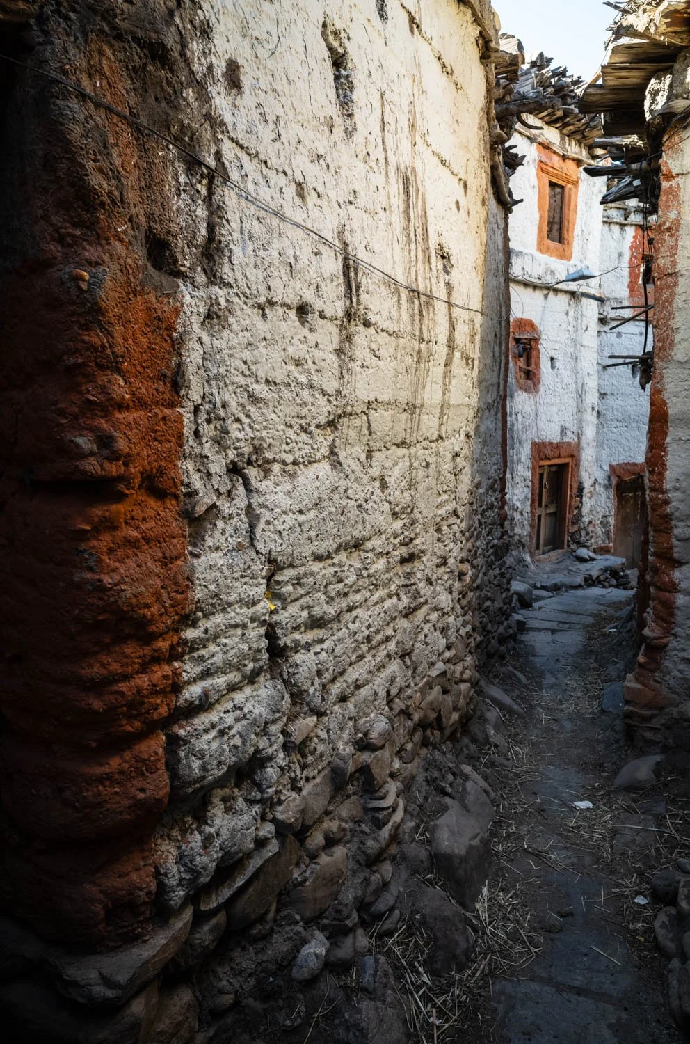 Mud brick walls of buildings in the Mustang village of Tangbe