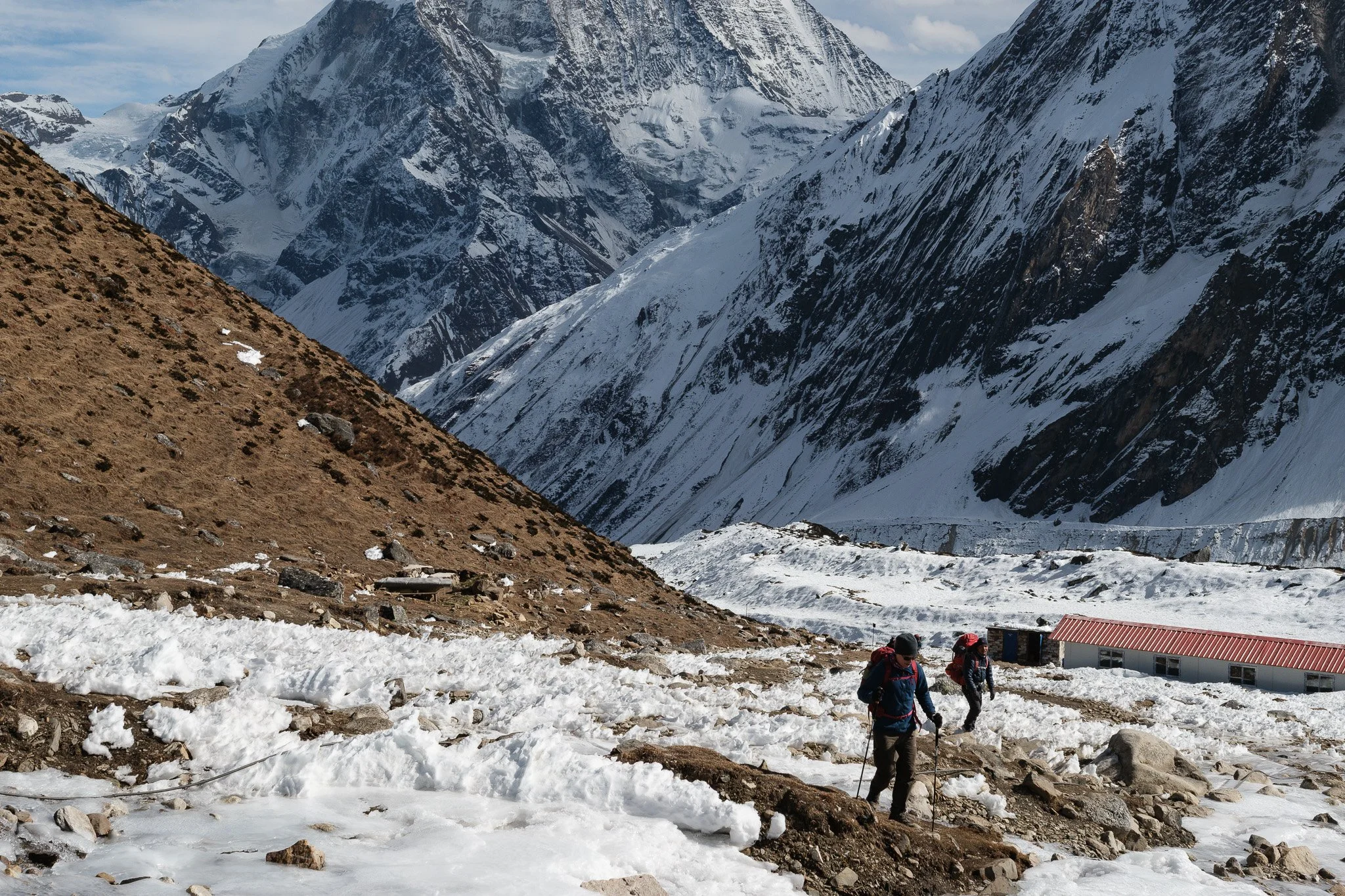 Hikers arriving at Dharamsala on the Manaslu Circuit in Nepal