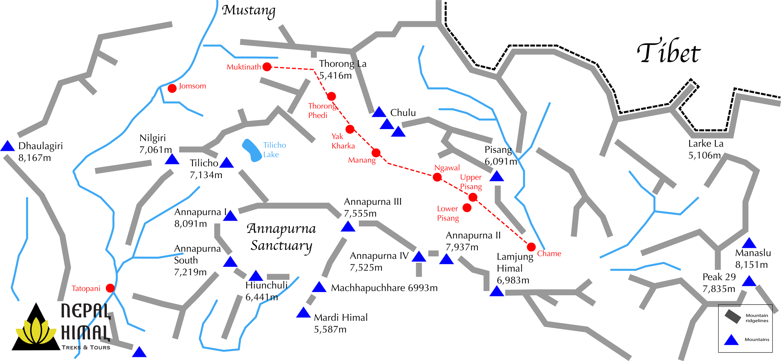 Map of the Upper Annapurna circuit including the Thorong La pass