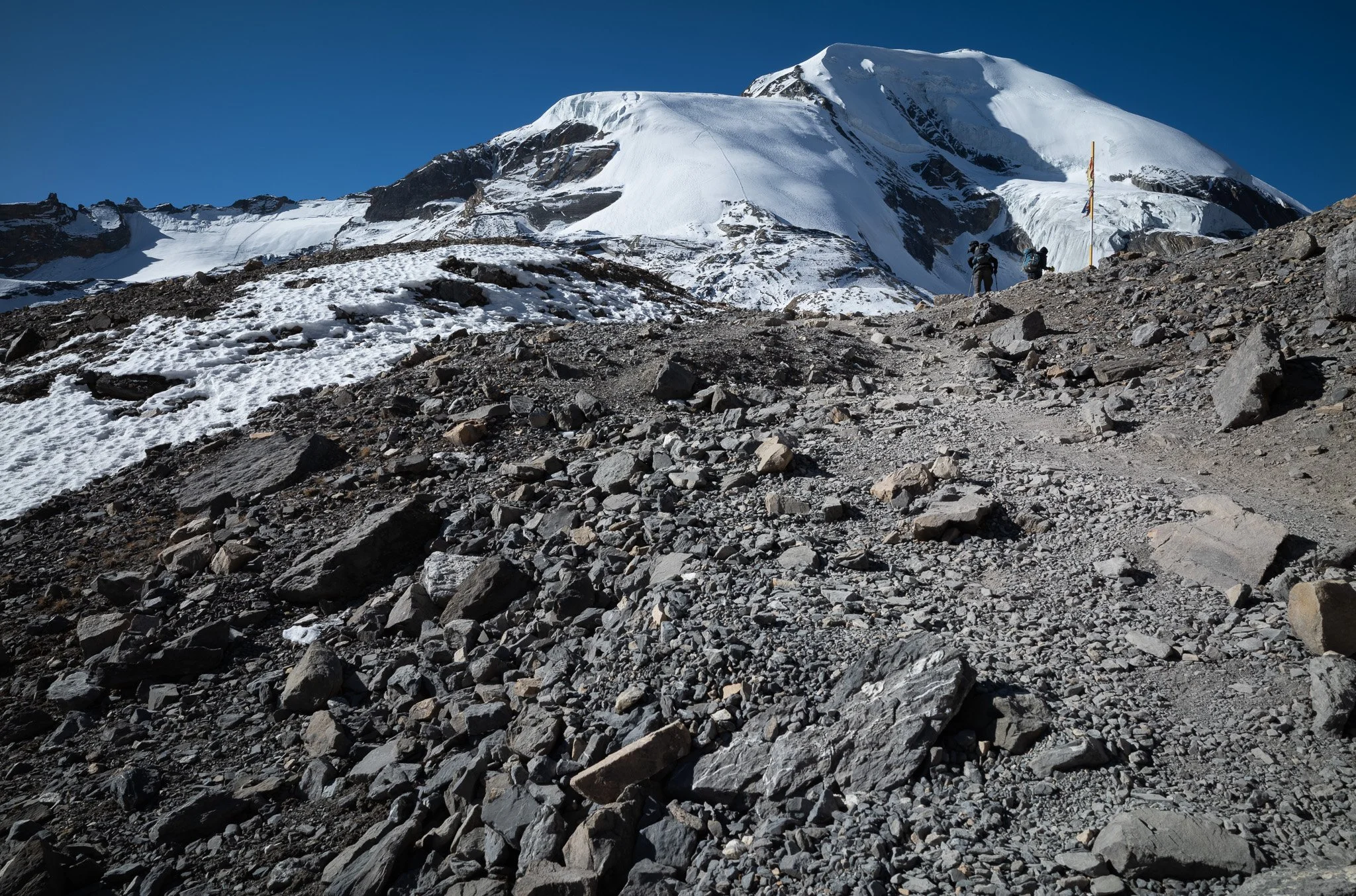 The trail towards the top of the Thorong La pass is often rocky, sometimes snowy.