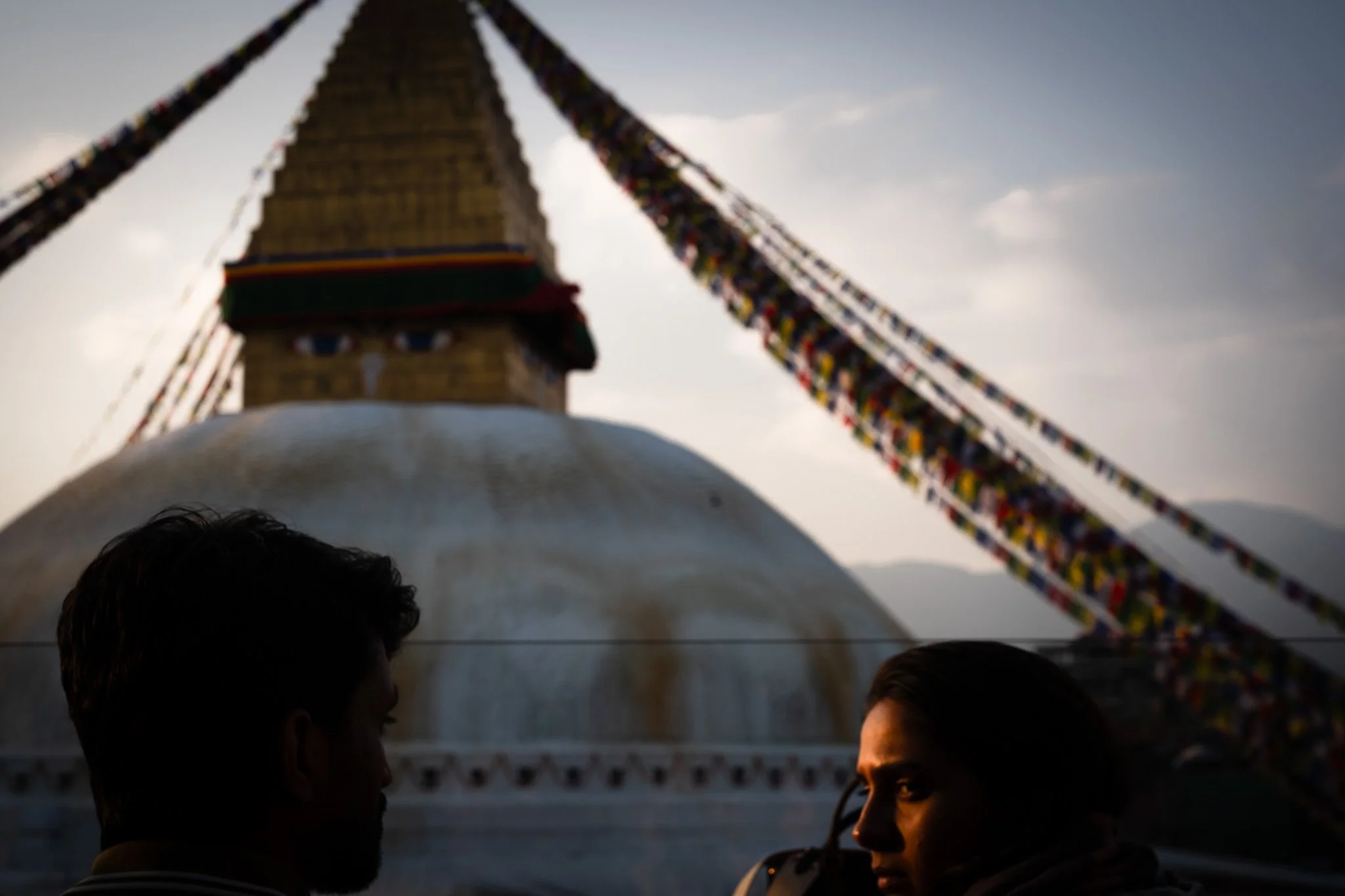 View of the Boudhanath stupa in Nepal's Kathmandu at sunset