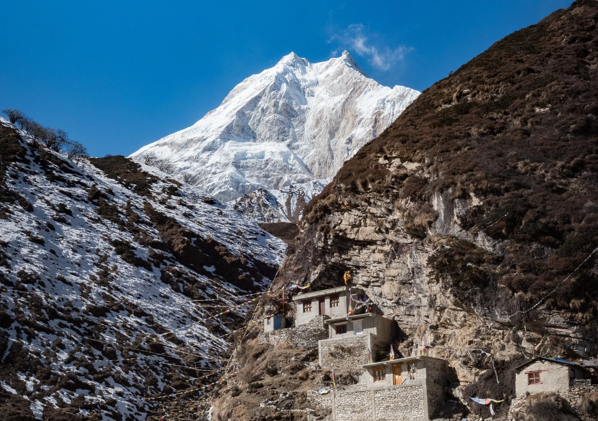 Adjacent monastery buildings next to Pungyen at the foot of Manaslu in Nepal