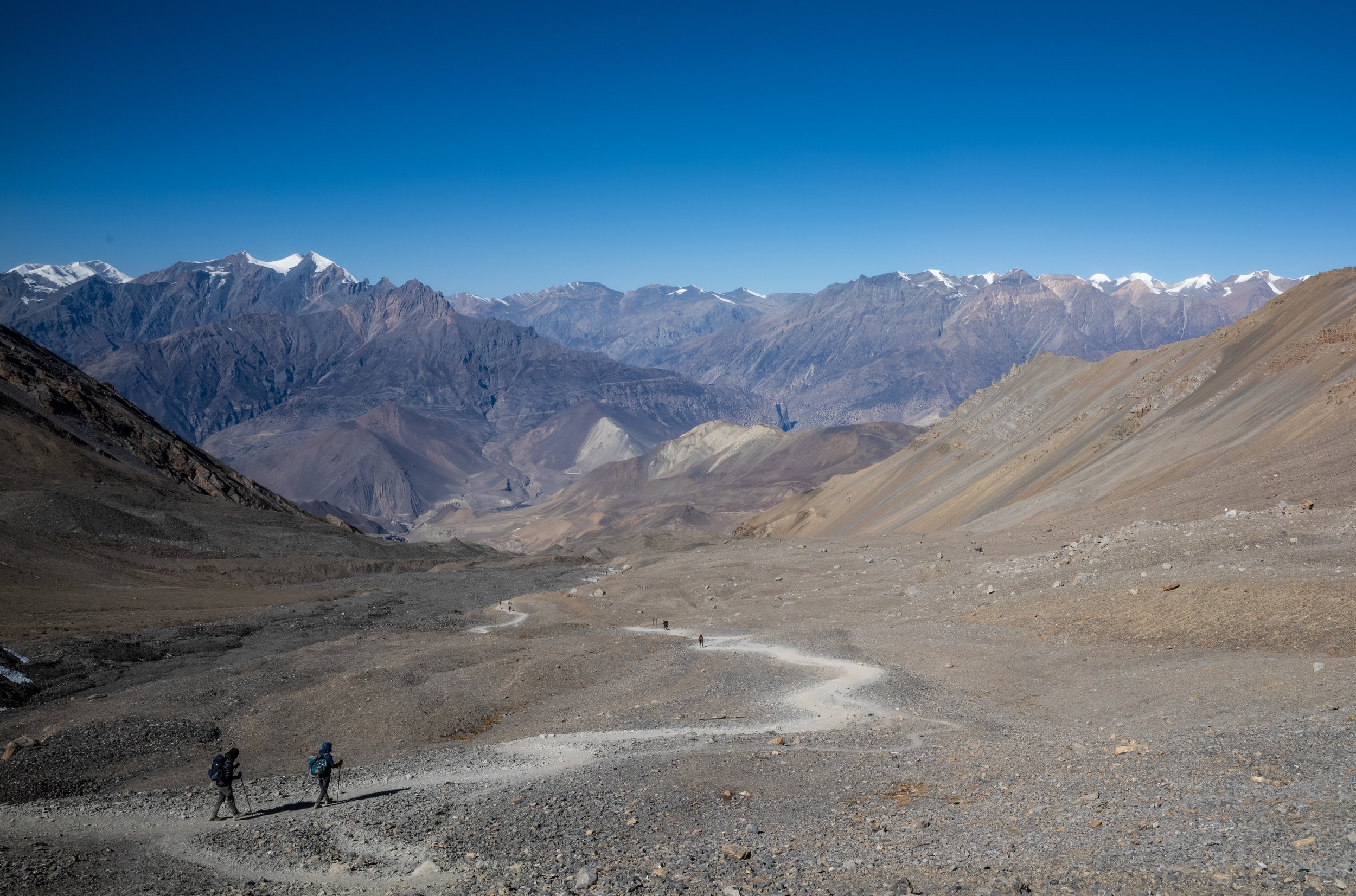 View of Lower Mustang from near the top of the Thorong La pass on the Upper Annapurna circuit
