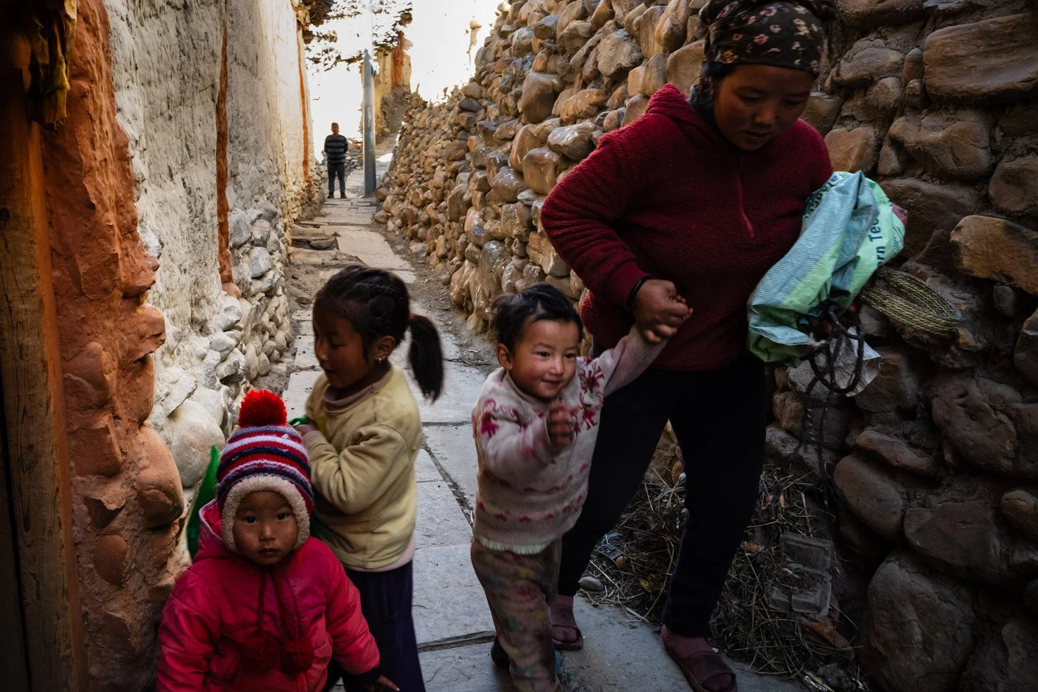 A group of young children in the village of Tangbe in Mustang