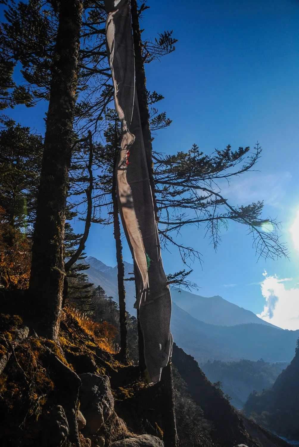 Tibetan Buddhist prayer flags fluttering in the wind in Nepal's Everest region