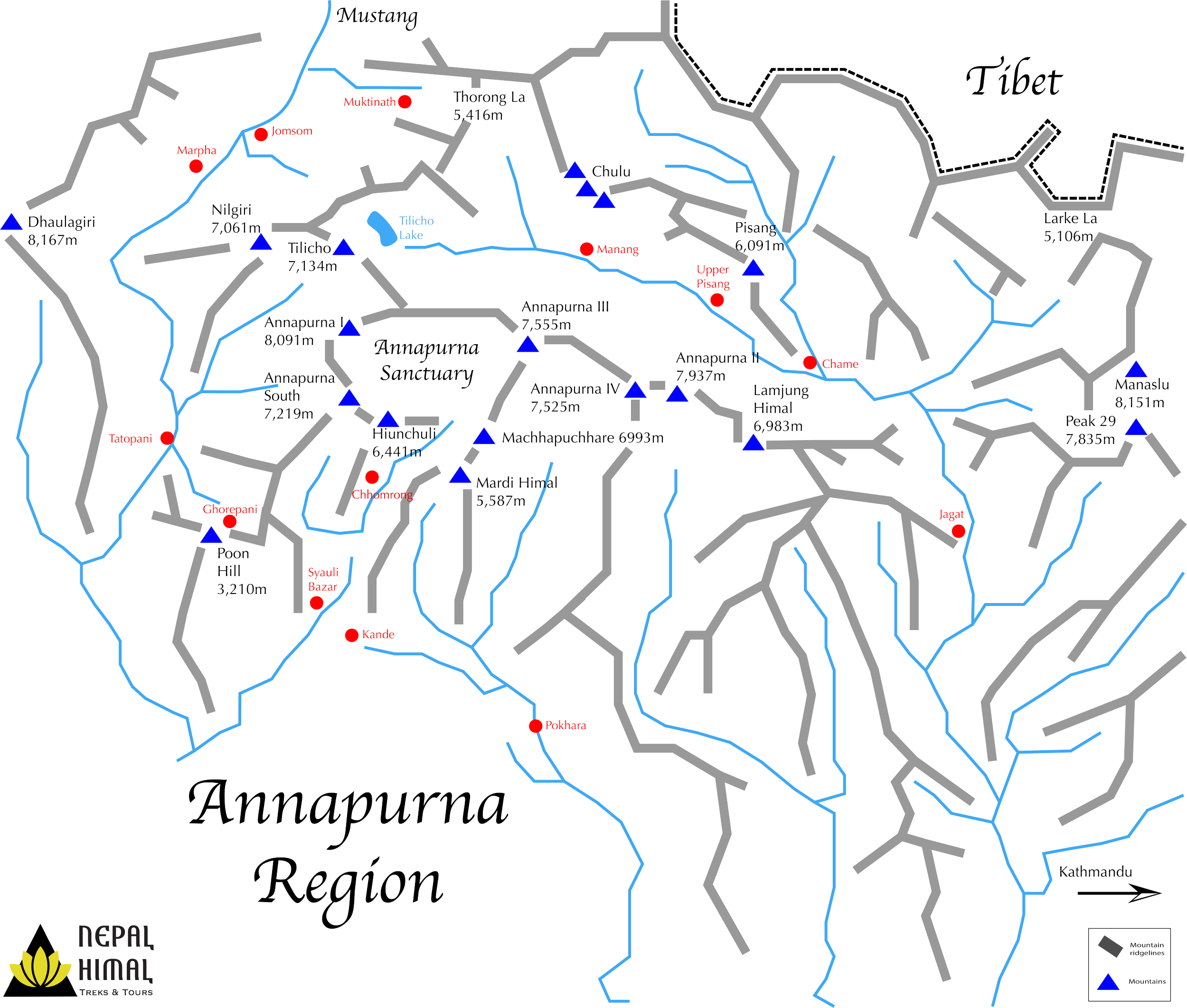 Map of Nepal's Annapurna region showing trekking routes, mountain peaks, lakes, and villages and towns