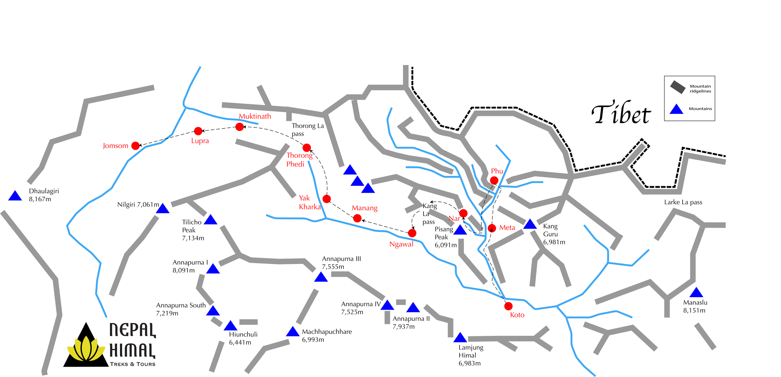 A map that shows the route from Kang La pass to the Thorong La pass on the Annapurna Circuit in Nepal