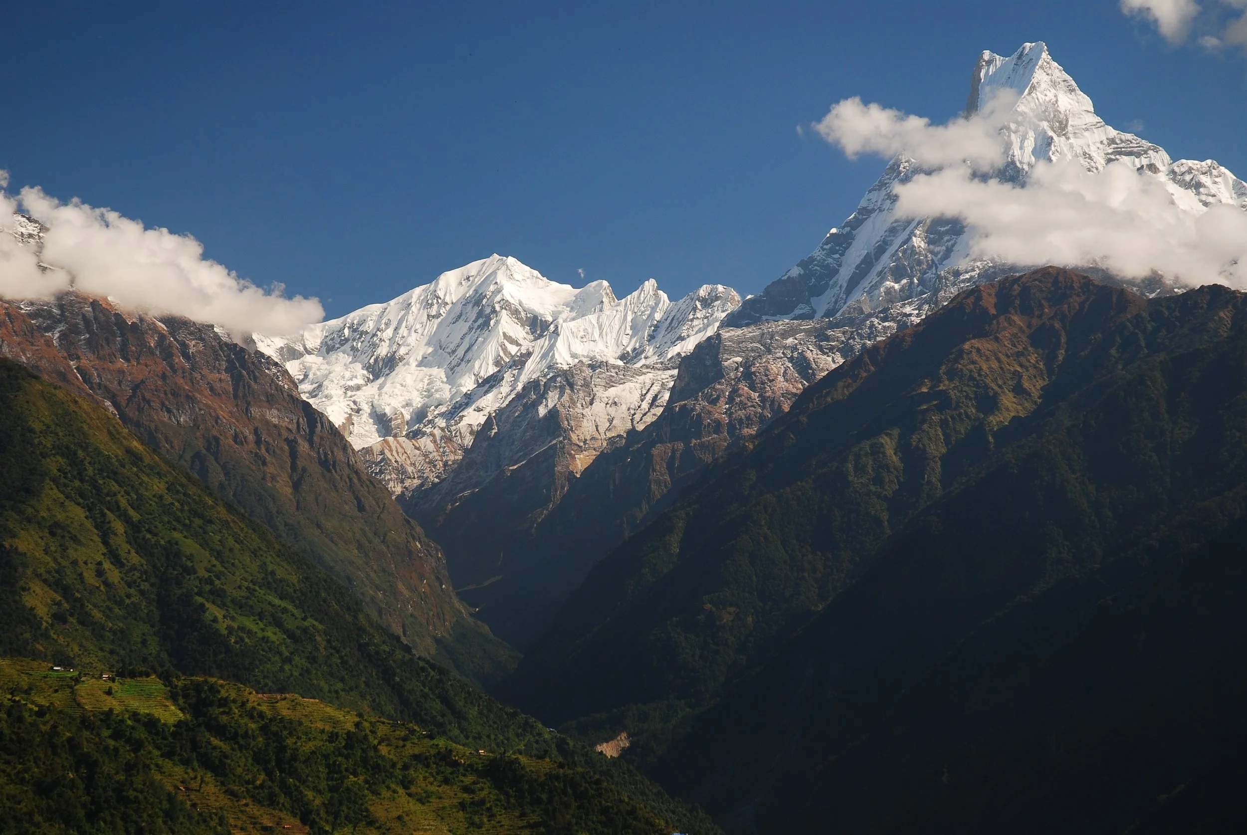 View of the Annapurna peaks from villages in the foothills