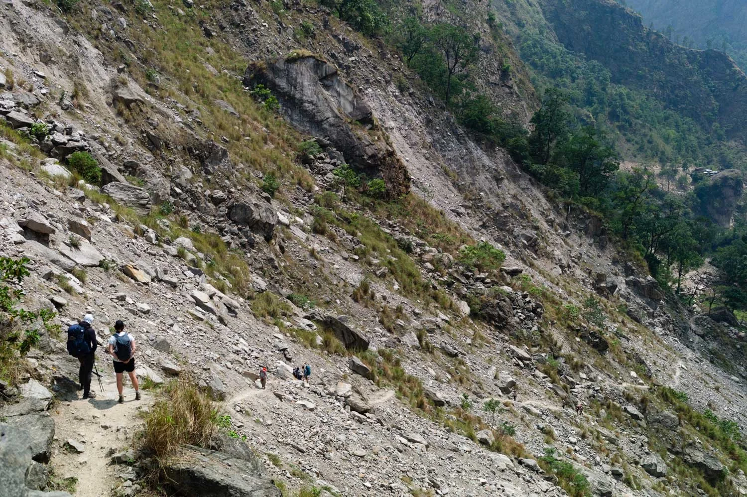 Trekking in a landslide zone in the Manaslu region