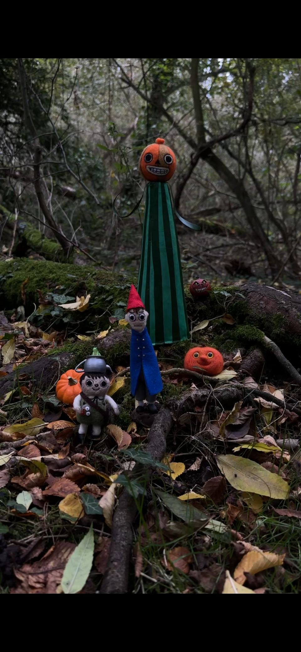 Collection of whimsical handmade figurines arranged in a forest setting with fallen leaves and branches.