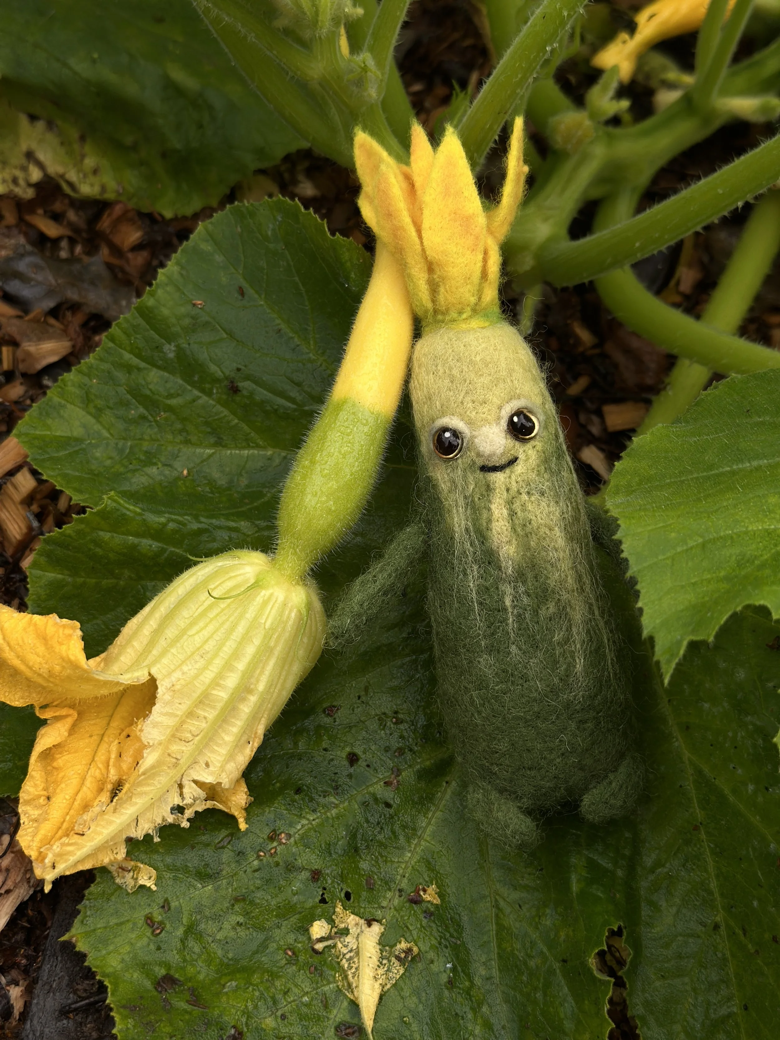 A zucchini plant with a large green zucchini and a yellow squash growing on it. The zucchini has a digitally added cute, smiling face with big, expressive eyes and a small mouth, giving it a whimsical, animated appearance.