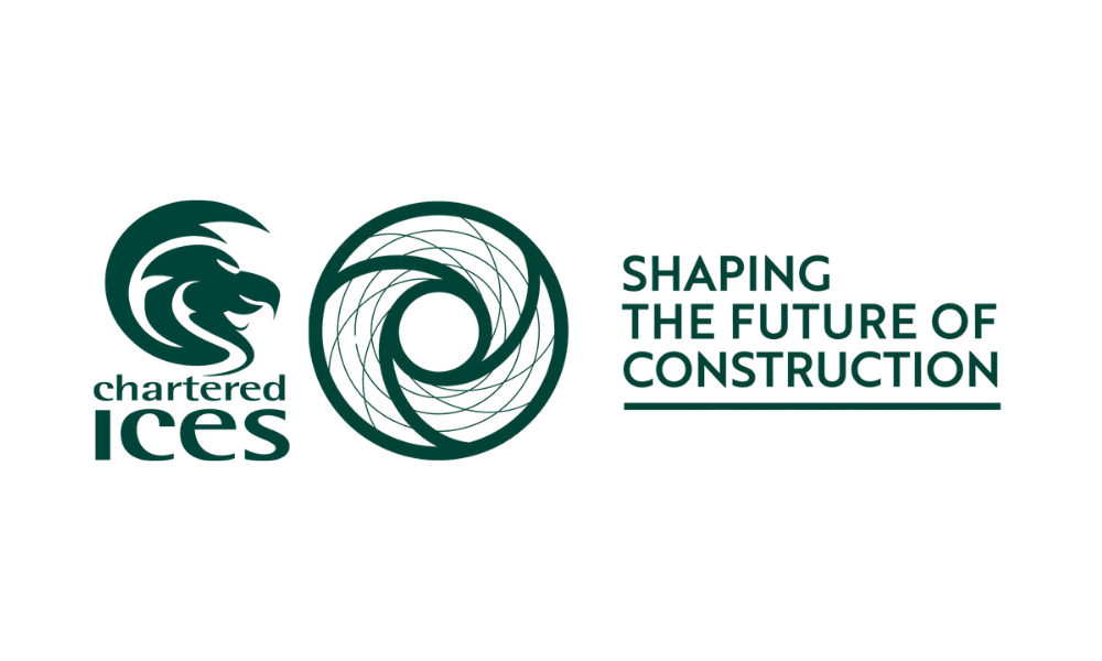 Chartered Institution of Civil Engineering Surveyors (CICES) logo with a lion's head, an abstract circular swirl, and the text "Shaping the Future of Construction".