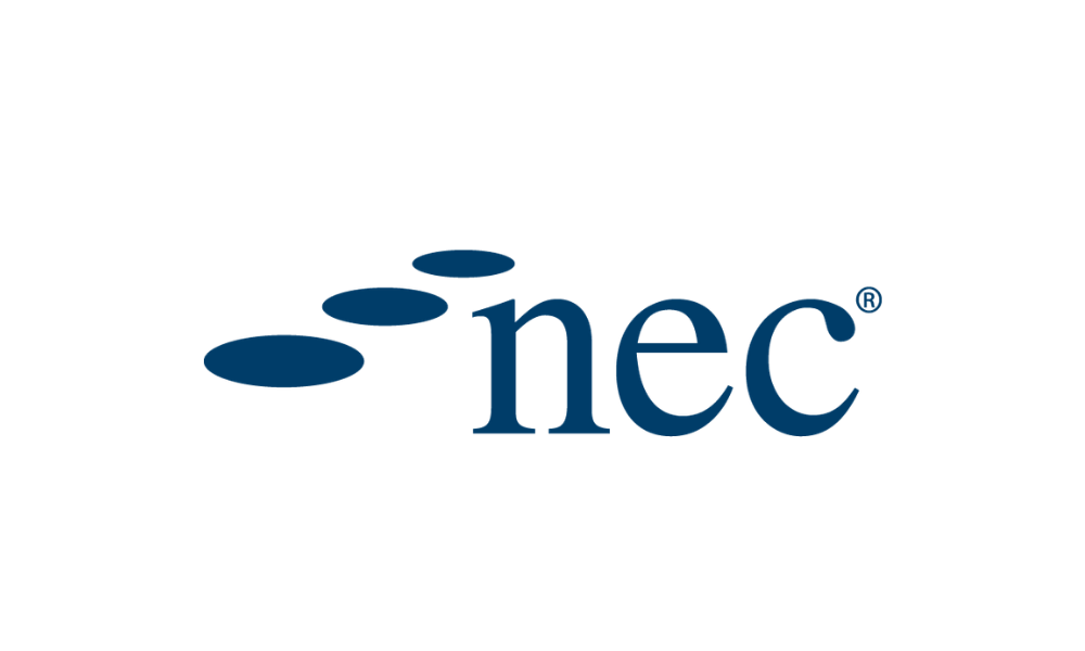 Logo of NEC with black text and blue oval shapes.