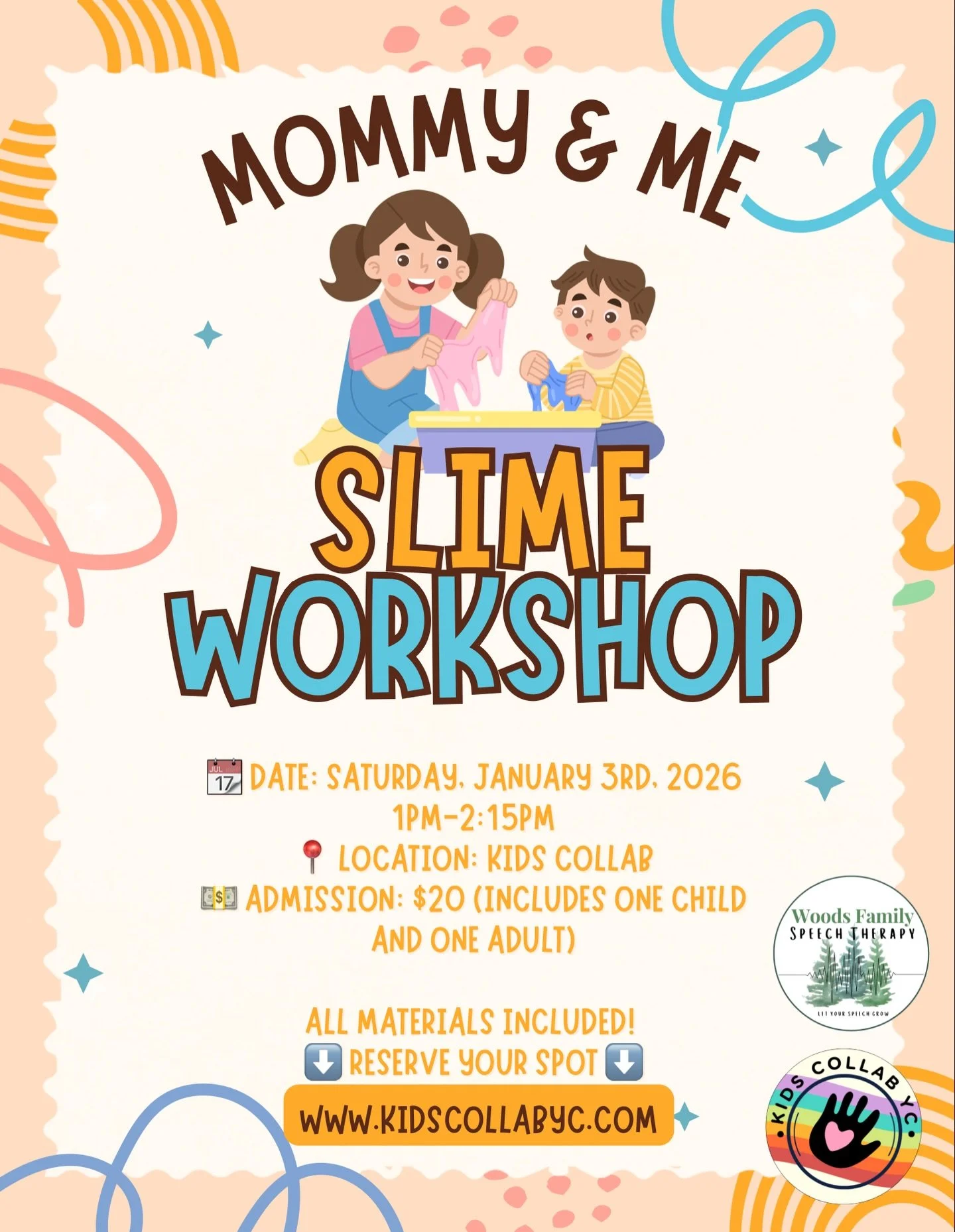 🫧 Slime Night at Kids Collab! 🫧
Join us for messy hands, creative fun, and lots of smiles ✨

📅 Saturday, January 3rd, 2026
⏰ 1:00&ndash;2:15 PM
📍 Kids Collab

💲 $20 (includes one child + one adult)
 + $8 for addition siblings 
✨ All materials in