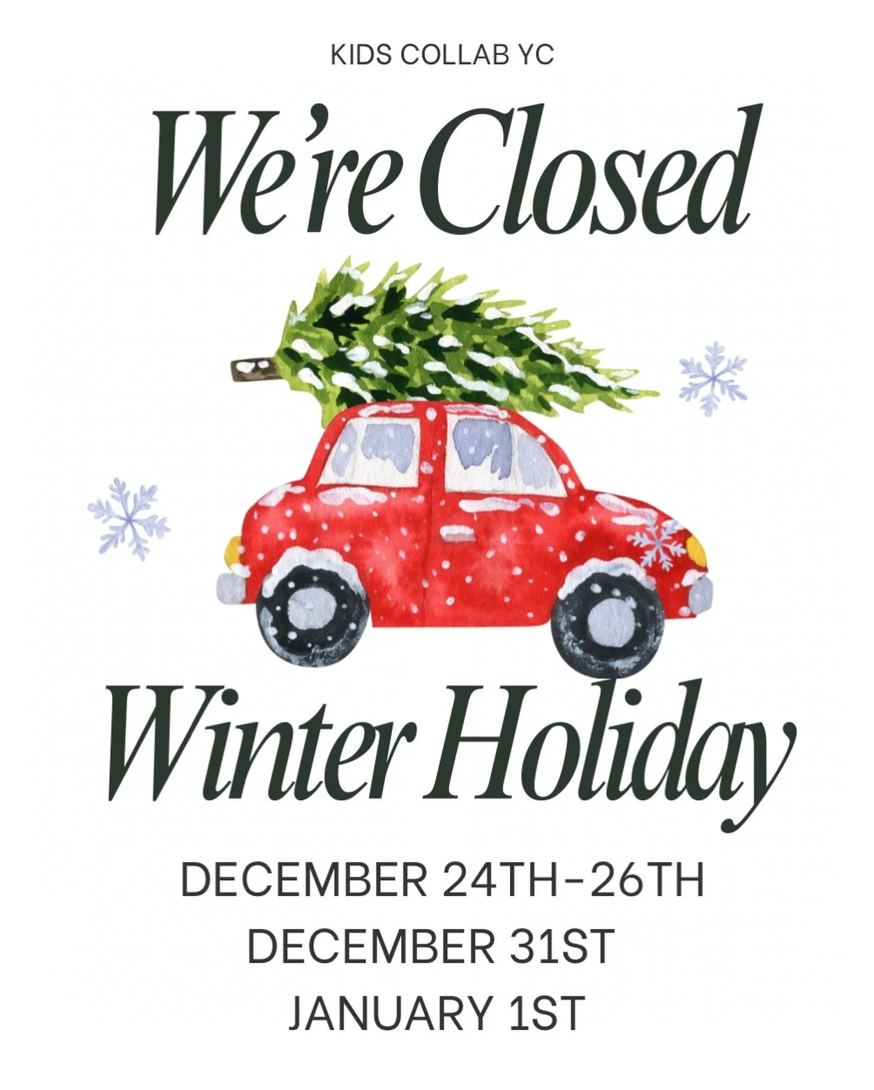 Kids Collab YC will have modified hours during the holiday season. *Updated*
We appreciate your continued support and wish you and your families a warm and happy holiday! 🎄